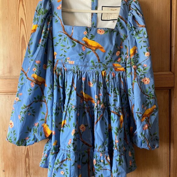 Agua Bendita Azul Avena Dress Blue Floral Bird Pattern Womens Small Canary - Picture 2 of 2